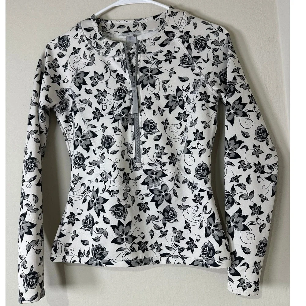 Adidas by Stella McCartney Floral Rash Guard Long Sleeve Swim Top Black White S - Picture 3 of 11